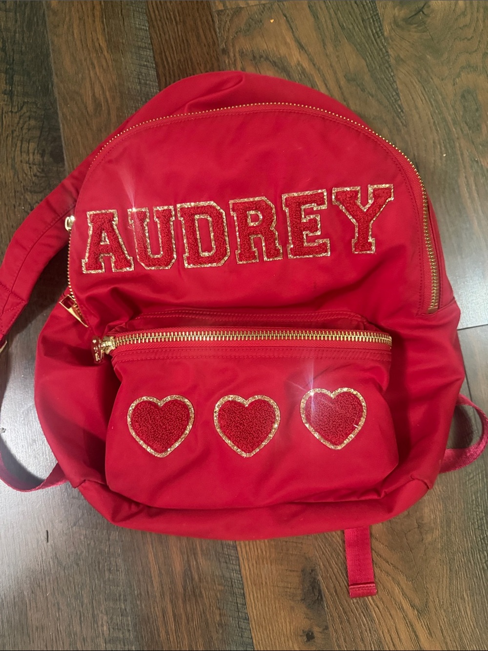 Stoney Clover Lane Personalized Red 'AUDREY' Backpack with Glitter Hearts